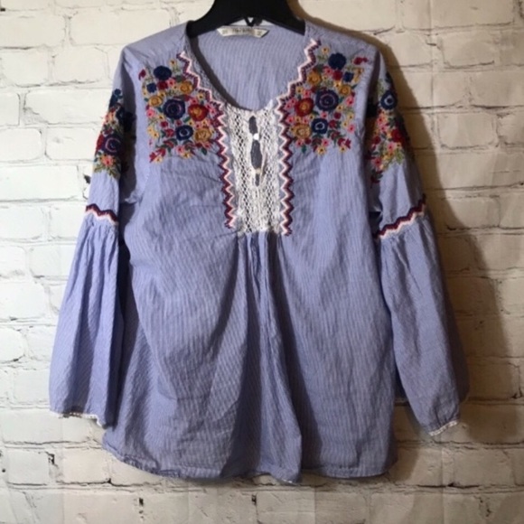 ZARA BLUE XL FLORAL EMBROIDERED LONG SLEEVE SHIRT - Picture 1 of 2